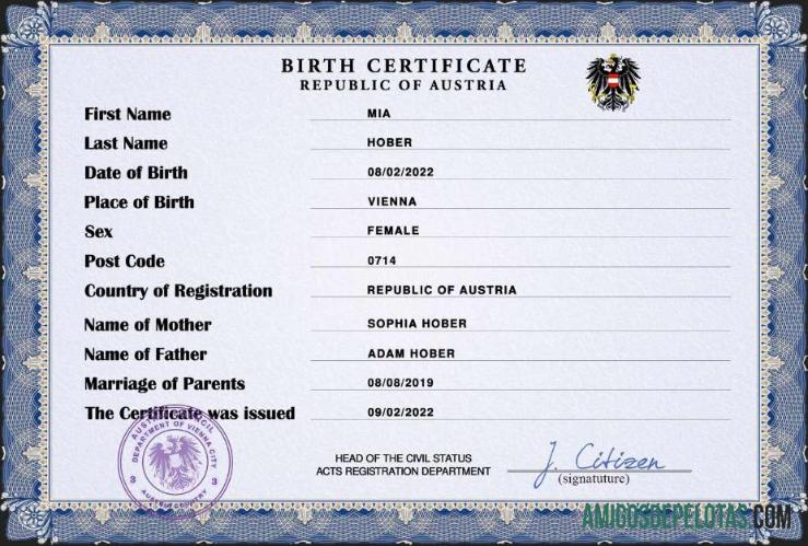 Imprimível modelo PSD de certidão de nascimento de registro vital da Áustria,